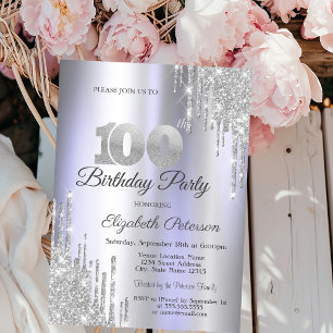 Silver Glitter Drips Light Purple 100th Birthday Invitation