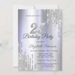 Silver Glitter Drips Light Purple 25th Birthday   Invitation