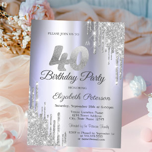 Silver Glitter Drips Light Purple 40th Birthday   Invitation