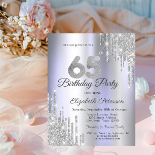 Silver Glitter Drips Light Purple 65th Birthday   Invitation