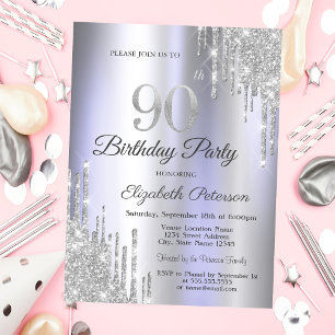  Silver Glitter Drips Light Purple 90th Birthday   Invitation