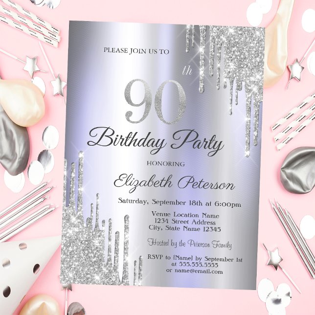  Silver Glitter Drips Light Purple 90th Birthday   Invitation (Creator Uploaded)
