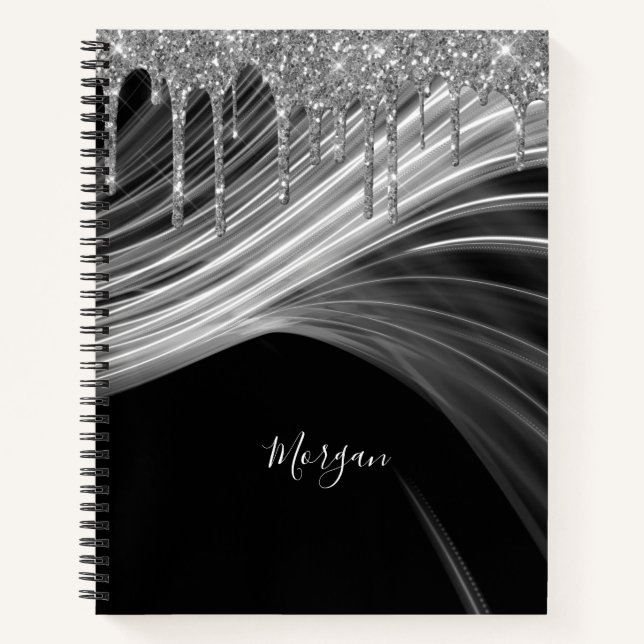 Silver Glitter Drips & Light Rays, White Name Notebook (Front)