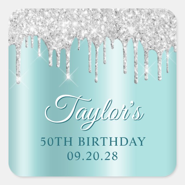 Silver Glitter Drips Light Turquoise Drop Shadow Square Sticker (Front)