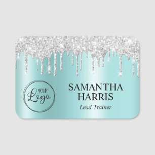Silver Glitter Drips Light Turquoise Shimmer Name Tag