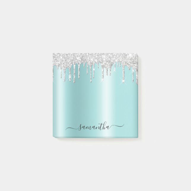 Silver Glitter Drips Light Turquoise Shimmer Post-it Notes (Front)