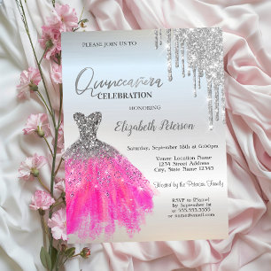 Silver Glitter Drips,Luxury Dress Quinceanera Invitation