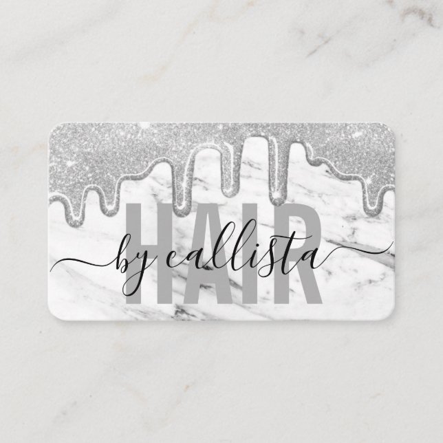 Silver Glitter Drips Marble Hair Stylist Business Card (Front)