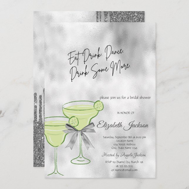 Silver Glitter Drips Martini Bow Bridal Shower Invitation (Front/Back)