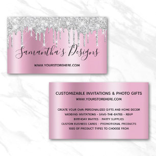 Silver Glitter Drips Mauve Pink Ombre Online Store Business Card
