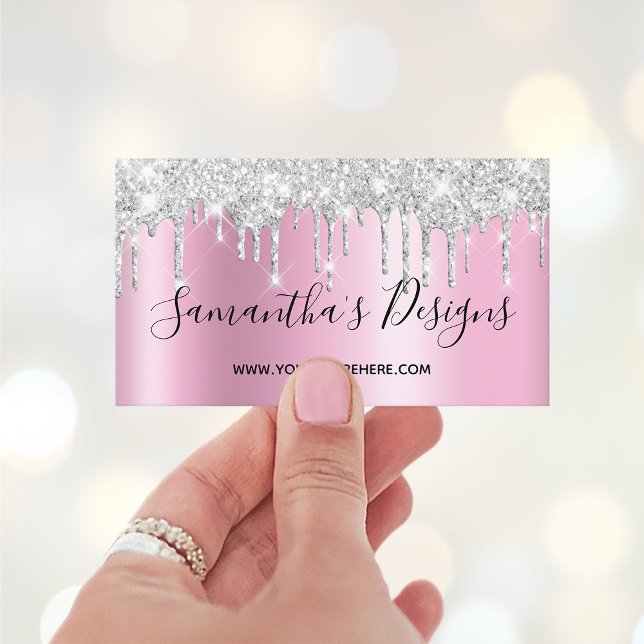 Silver Glitter Drips Mauve Pink Ombre Online Store Business Card (Digital Art Dripping Glitter Business Cards for Her)