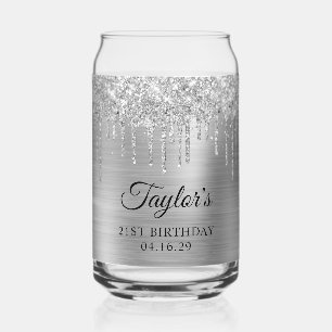 Silver Glitter Drips Metallic 21st Birthday Can Glass