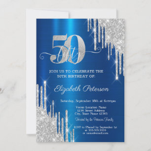 Silver Glitter Drips Metallic Blue 50th Birthday  Invitation
