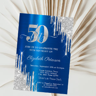Silver Glitter Drips Metallic Blue 50th Birthday  Invitation