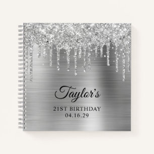 Silver Glitter Drips Metallic Grey 21st Birthday Notebook
