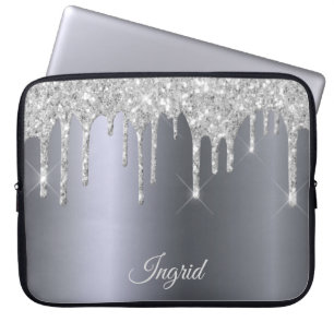 Silver glitter drips metallic name script laptop sleeve