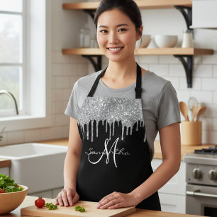 Silver Glitter Drips Metallic Personalised Apron