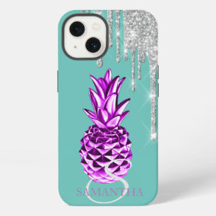 Silver Glitter Drips Metallic Pineapple Green iPhone 13 Case