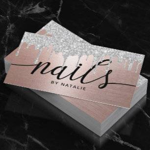 Silver Glitter Drips Modern Rose Gold Nails Business Card