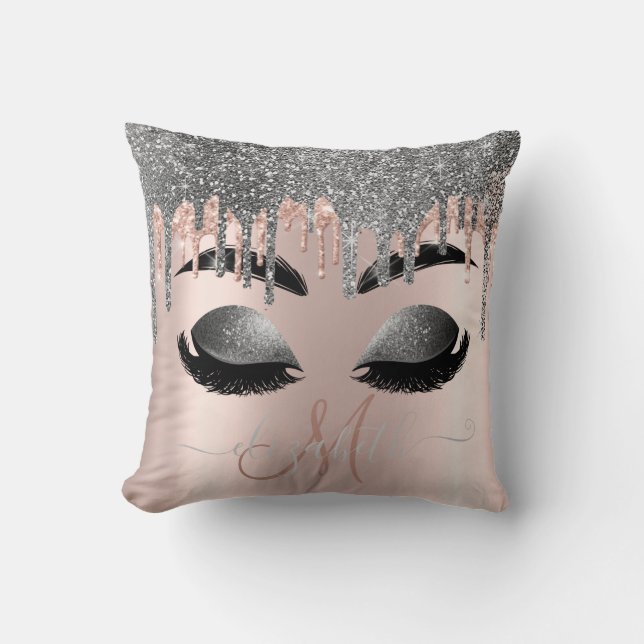 Silver Glitter Drips Monogram Faux Lashes Cushion (Front)