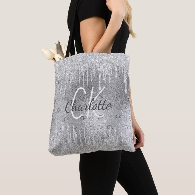 Silver glitter drips monogram glam tote bag (Close Up)