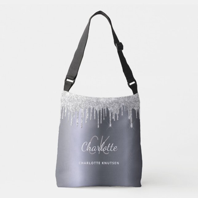 Silver glitter drips monogram initials crossbody bag (Front)