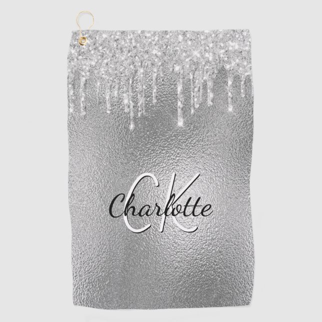 Silver glitter drips monogram initials name golf towel (Front)