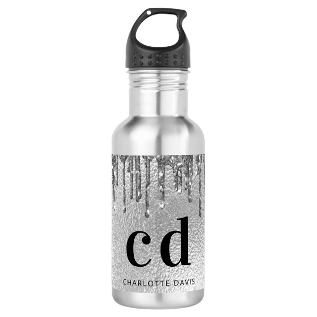 Silver glitter drips monogram name 532 ml water bottle (Front)