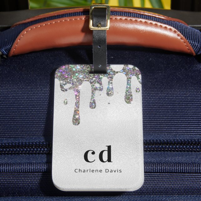 Silver glitter drips monogram name luggage tag (Front Insitu 2)