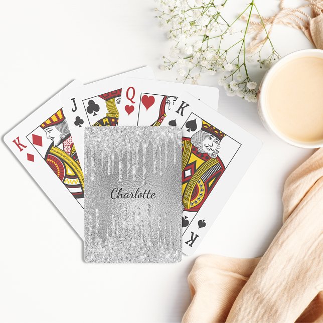 Silver glitter drips monogram name script  playing cards (Creator Uploaded)
