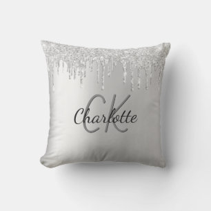 Silver glitter drips monogram name sparkle cushion