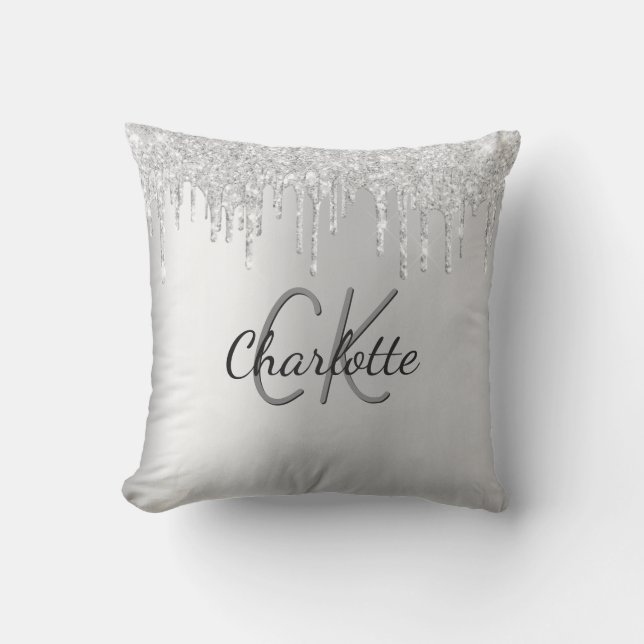 Silver glitter drips monogram name sparkle cushion (Front)