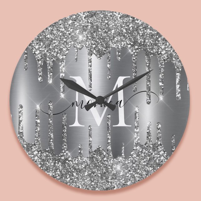 Silver Glitter Drips Monogram Personalised Wall Cl Large Clock (Silver Glitter Drips Monogram Personalized Large Clock)