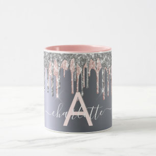 Silver glitter drips monogram pink name script mug