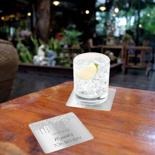 Silver glitter drips name birthday square paper coaster (Creator Uploaded)