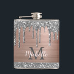 Silver Glitter Drips on Pink Metal Monogrammed Hip Flask<br><div class="desc">Modern, girly silver glitter drips name and monogrammed flask. This design features silver grey (grey) glitter sparkle drips on blush pink rose gold brushed metal background with custom personalised monogram initial and first name text template. Great feminine girly gift for girlfriend, mother, birthday, wedding, bridal shower, sweet 16 birthday party,...</div>