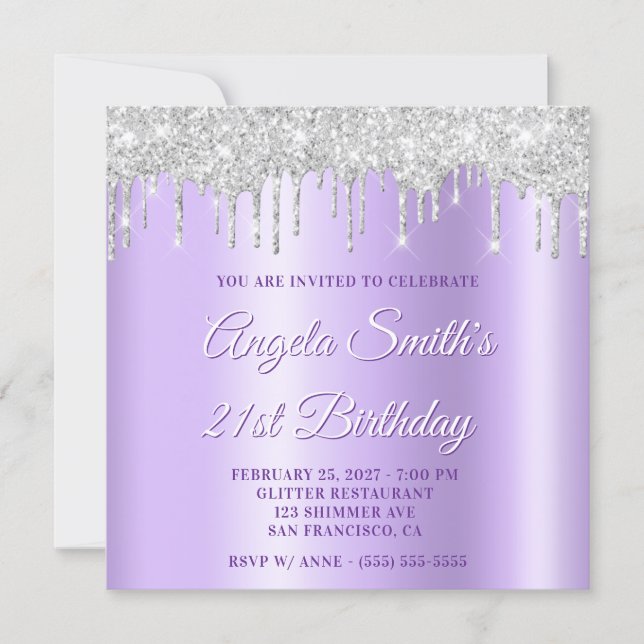 Silver Glitter Drips Pale Lavender Drop Shadow Invitation (Front)