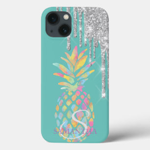 Silver Glitter Drips Pineapple Mint Green  iPhone 13 Case