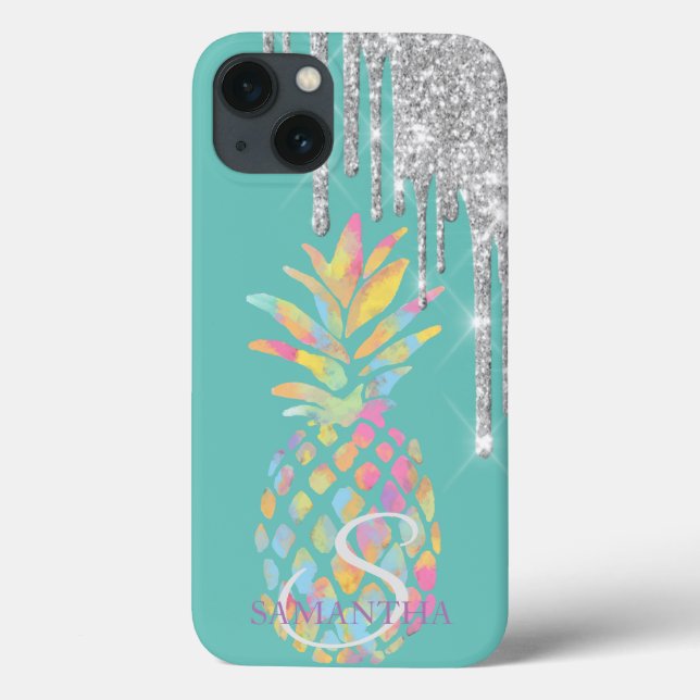 Silver Glitter Drips Pineapple Mint Green  Case-Mate iPhone Case (Back)