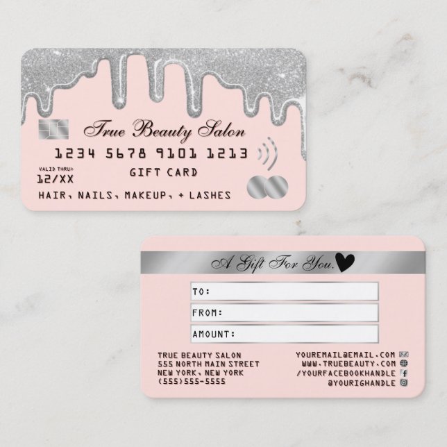 Silver Glitter Drips Pink Credit Gift Certificate (Front/Back)