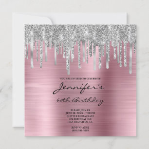 Silver Glitter Drips Pink Foil 60th Birthday Invitation