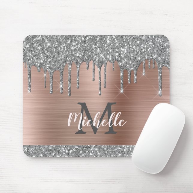 Silver Glitter Drips Pink Metallic Monogram        Mouse Pad (With Mouse)