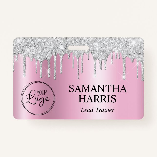 Silver Glitter Drips Pink Shimmer ID Badge (Front)