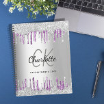 Silver glitter drips purple business logo 2025 planner<br><div class="desc">A faux silver metallic looking background. Decorated with purple and faux silver glitter drips,  paint dripping look.  Personalise and add your name,  monogram initials and a title.   
Back: add your business,  company logo and website address.</div>