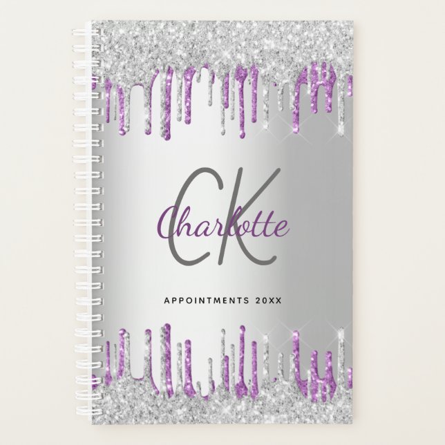 Silver glitter drips purple metal monogram 2027 planner (Front)