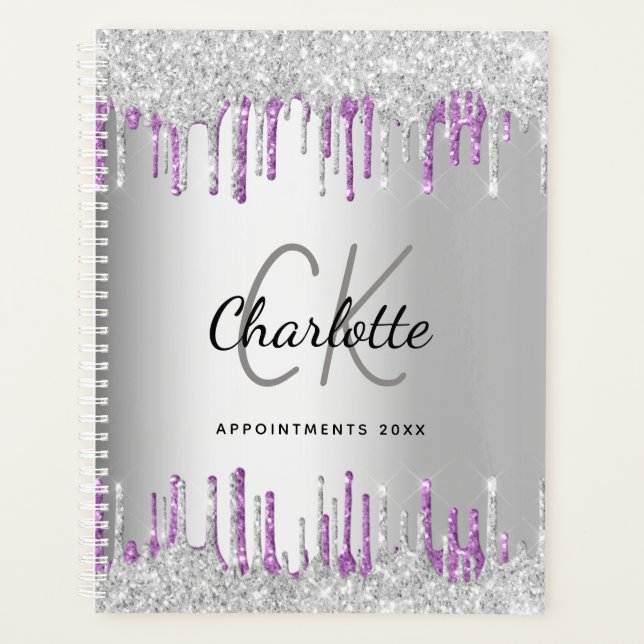 Silver glitter drips purple monogram 2027 planner (Front)