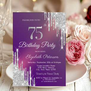  Silver Glitter Drips Purple Photo 75th Birthday   Invitation