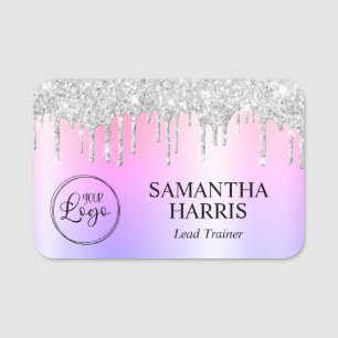 Silver Glitter Drips Rainbow Shimmer Name Tag