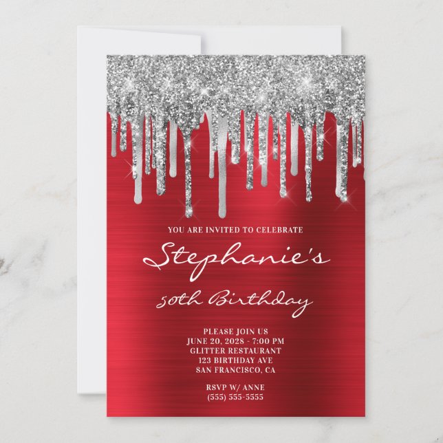 Silver Glitter Drips Red Foil 50th Birthday Invitation (Front)