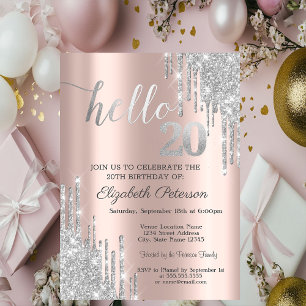 Silver Glitter Drips Rose Gold 20th Birthday Invitation